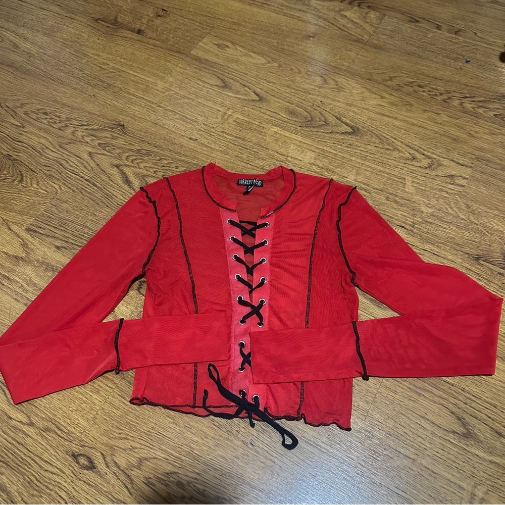 Dolls Kill Current Mood Vibrant Red Mesh sheer Top lace up top small gothic